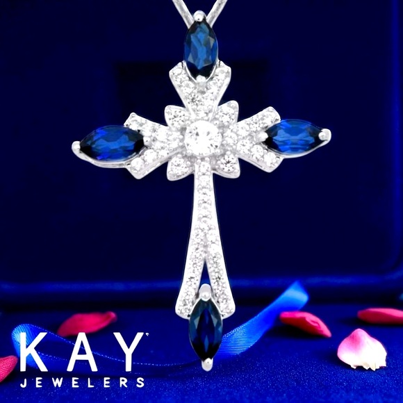 Marquise Blue Sapphire & White Sapphire Mastercraft Cross Necklace Stamped 925 - Picture 3 of 4